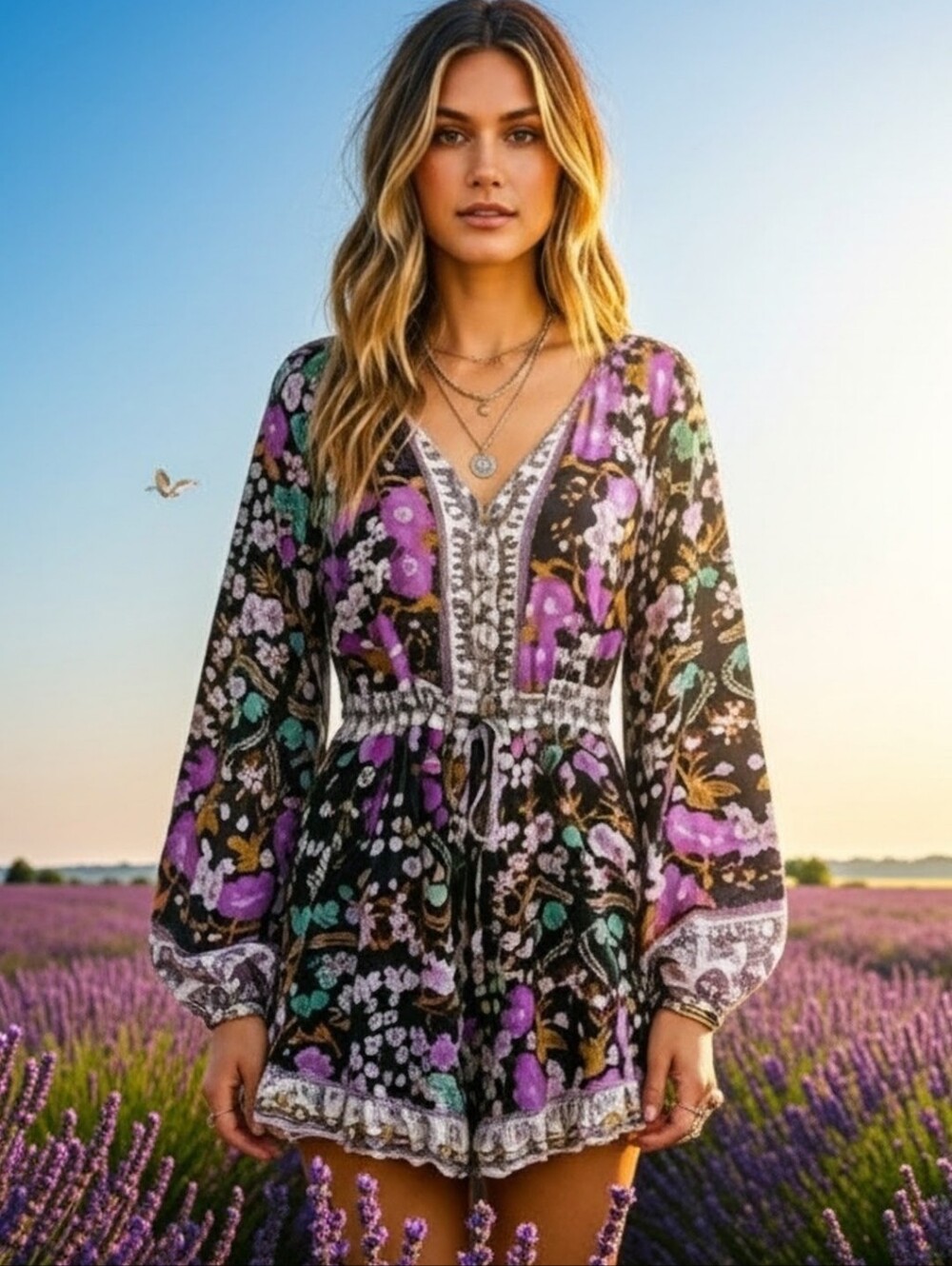 Purple Floral Boho V-Neck Peasant Romper - Picture 1 of 16